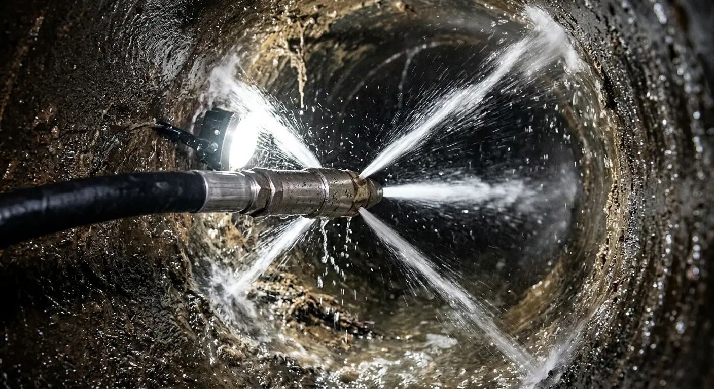 High-pressure hydro jetting nozzle cleaning sewer pipe for Emergency Drain Service in Glen Allen