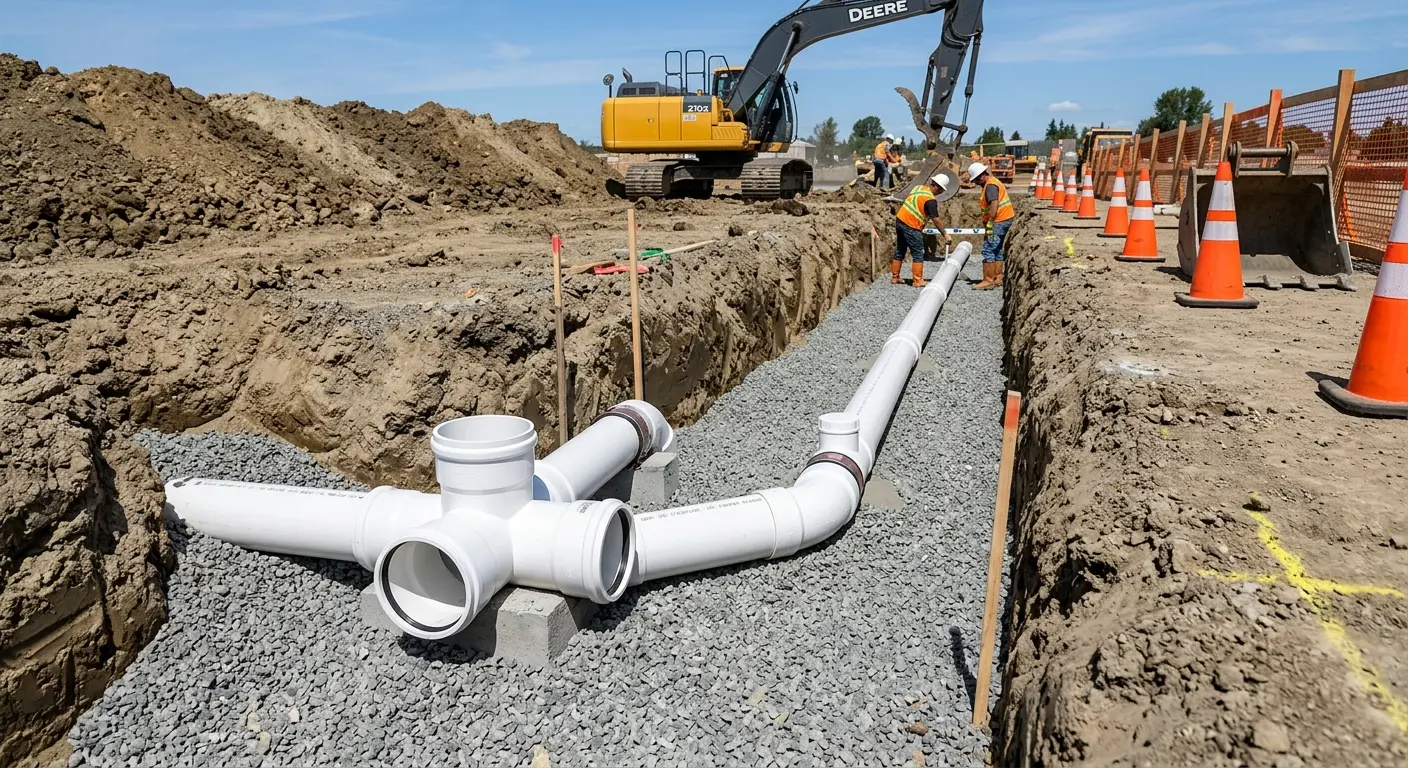 New PVC sewer pipe installation in open trench for Commercial Drain Cleaning in Glen Allen