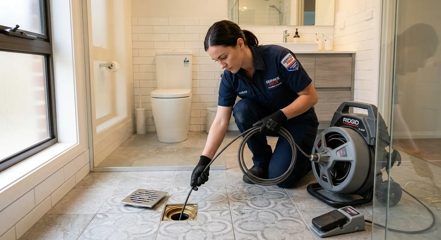 Technician clearing a bathroom floor drain for Sewer Line Replacement in Glen Allen
